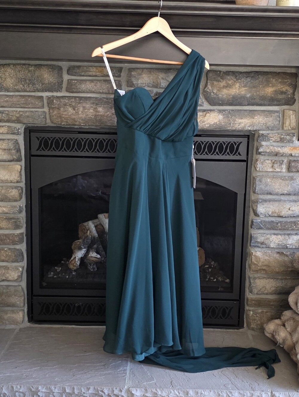 One-Shoulder Emerald Green Chiffon Evening Dress